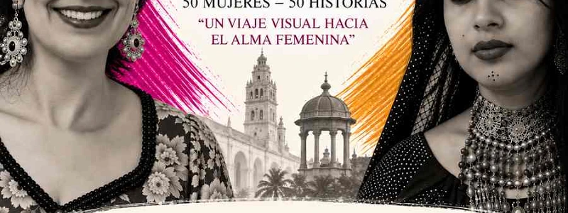 Cartel cuadrado de la exposición fotográfica «Rostros Compartidos: 50 Mujeres · 50 Historias», que reúne retratos de mujeres de España y la India. El diseño muestra dos retratos femeninos en blanco y negro, arquitectura de Córdoba y pinceladas magenta y doradas.